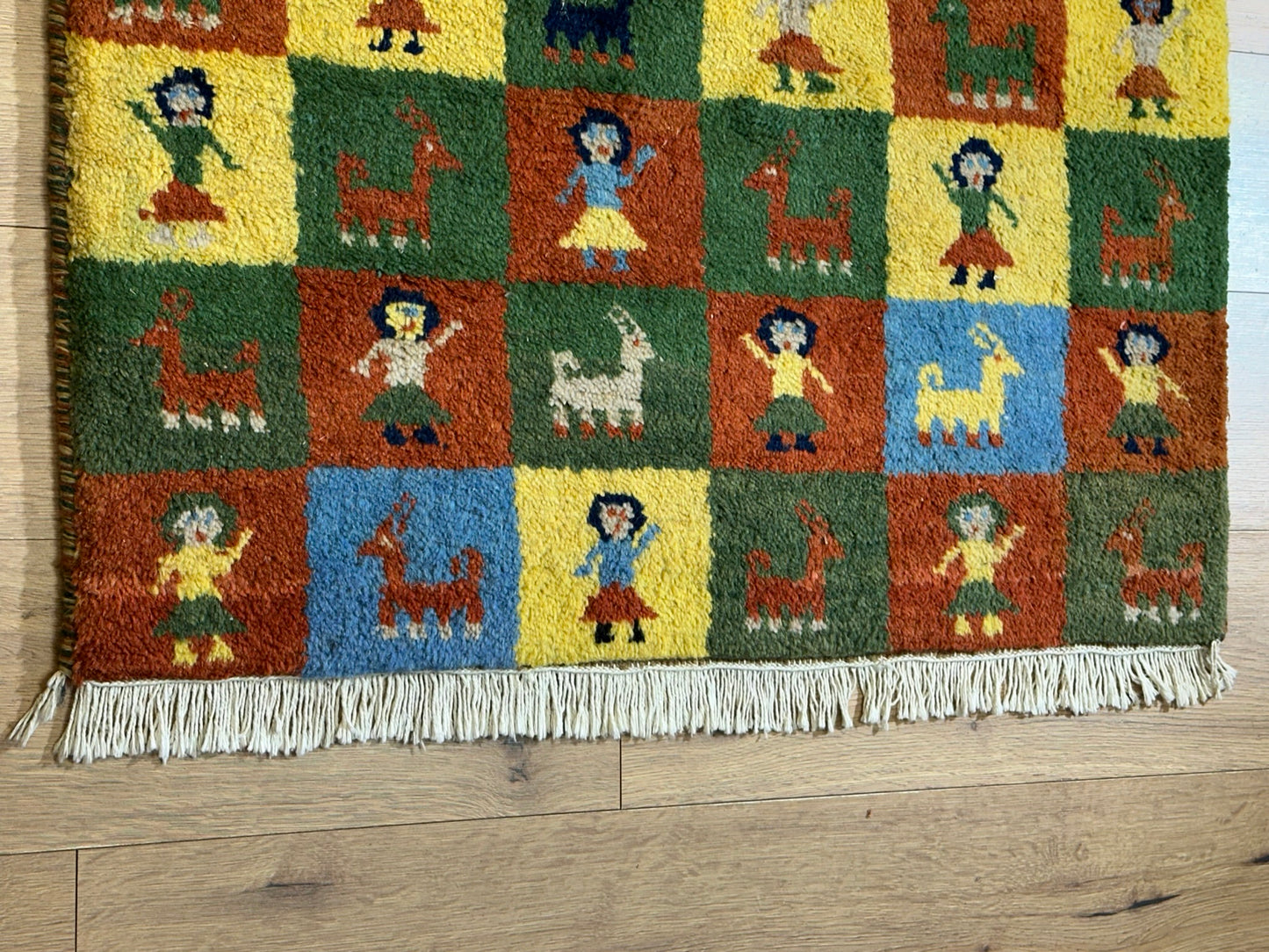 Indischer Gabbeh Orientteppich Handgeknüpft Bunt Schachbrett 160x80 cm