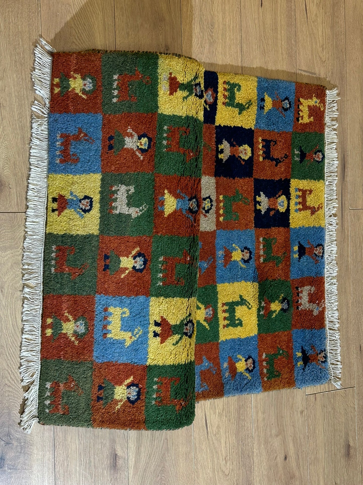 Indischer Gabbeh Orientteppich Handgeknüpft Bunt Schachbrett 160x80 cm