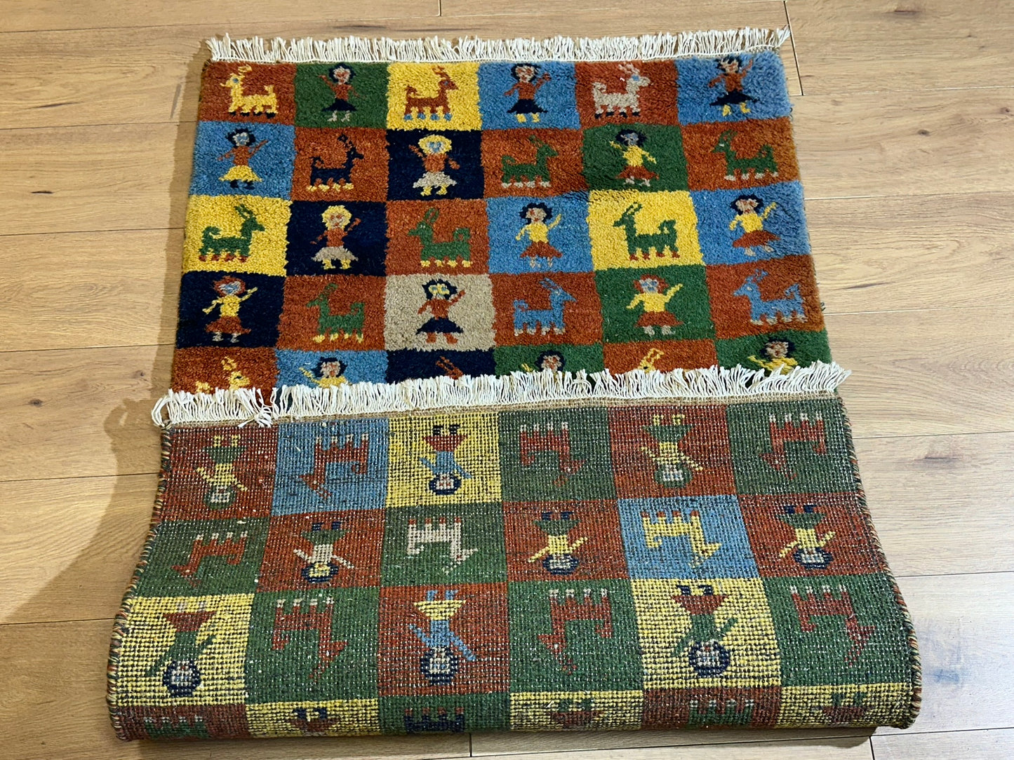 Indischer Gabbeh Orientteppich Handgeknüpft Bunt Schachbrett 160x80 cm