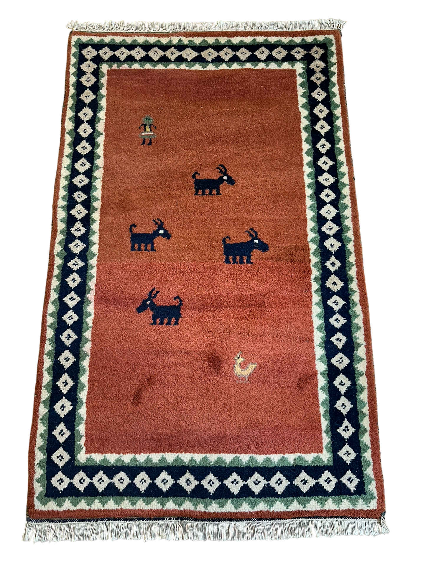 Indischer Gabbeh Teppich Handgeknüpft Rostrot Tiermotive 150x93 cm