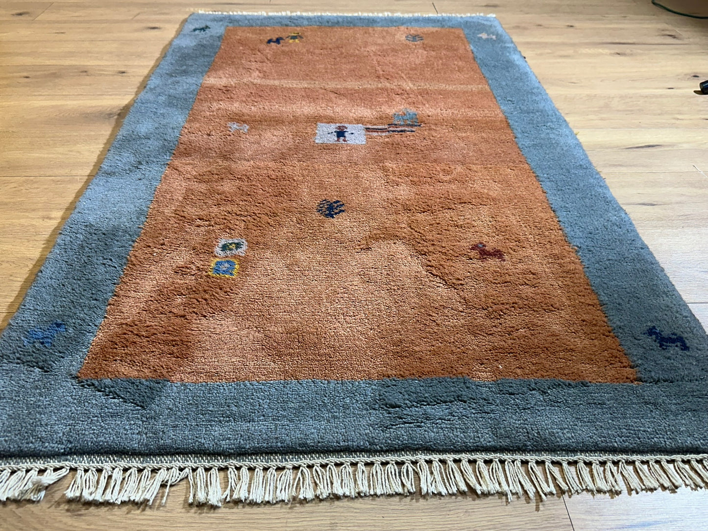 Indischer Gabbeh Teppich Handgeknüpft Terrakotta Blaugrau 160x97 cm