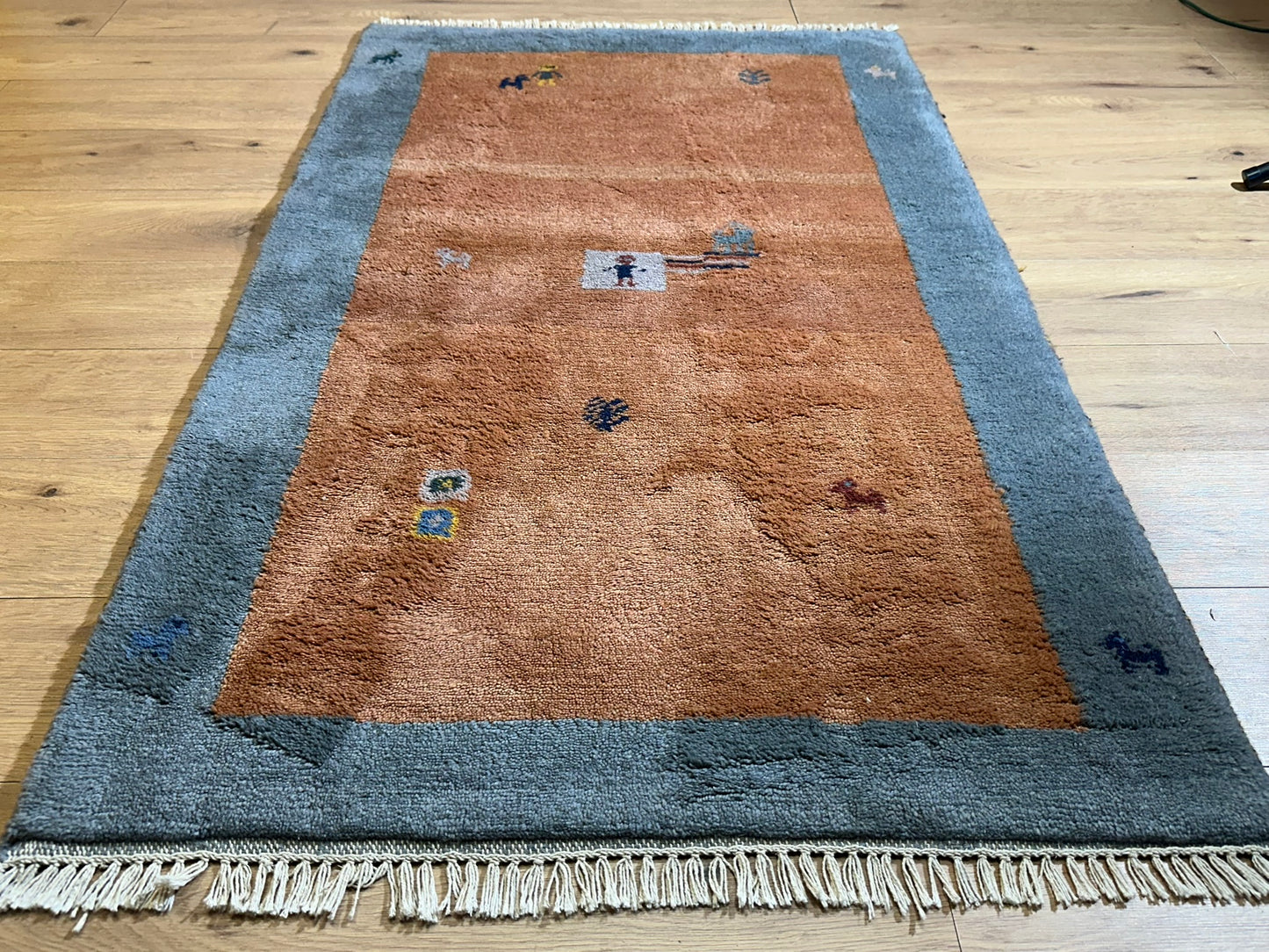 Indischer Gabbeh Teppich Handgeknüpft Terrakotta Blaugrau 160x97 cm