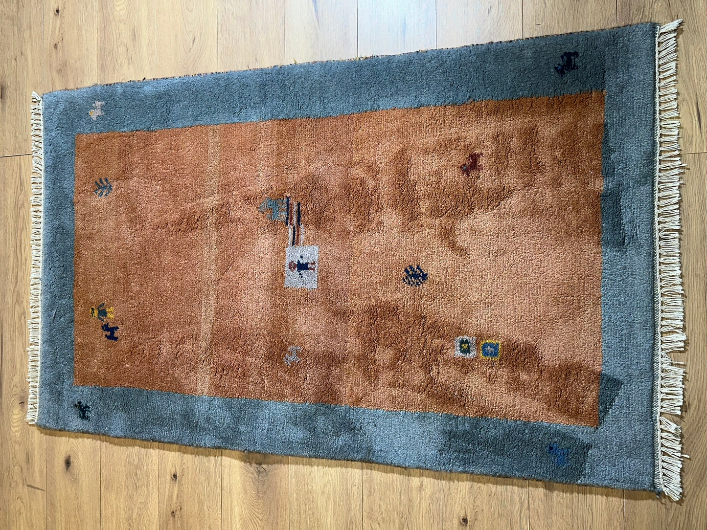 Indischer Gabbeh Teppich Handgeknüpft Terrakotta Blaugrau 160x97 cm