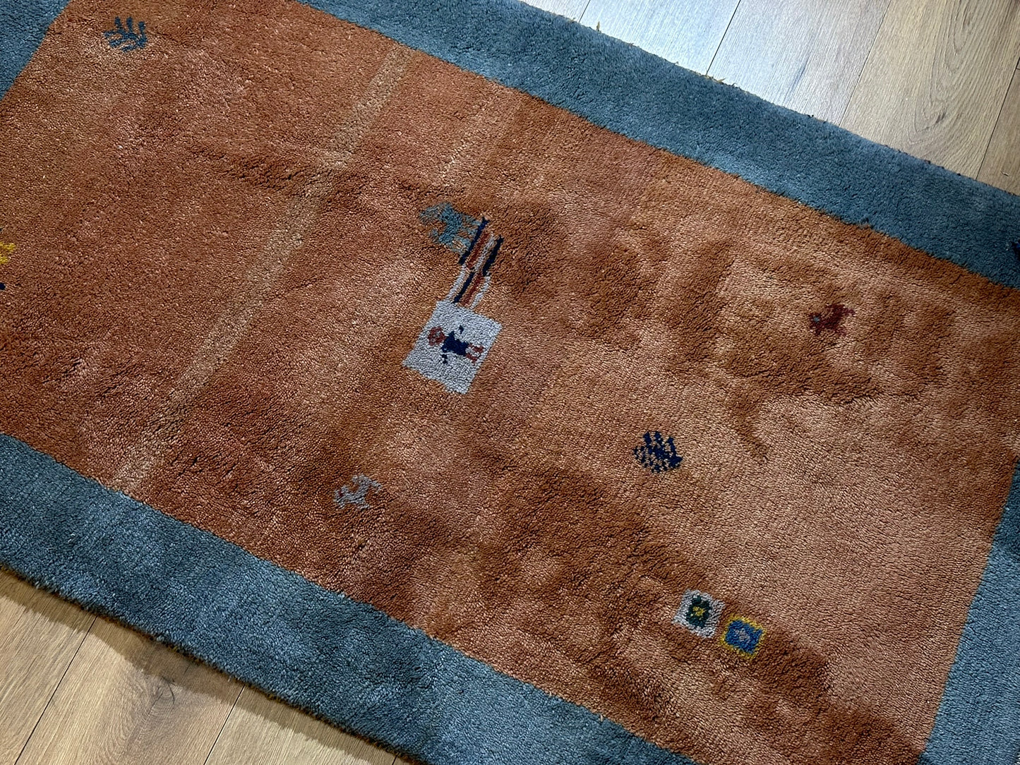 Indischer Gabbeh Teppich Handgeknüpft Terrakotta Blaugrau 160x97 cm