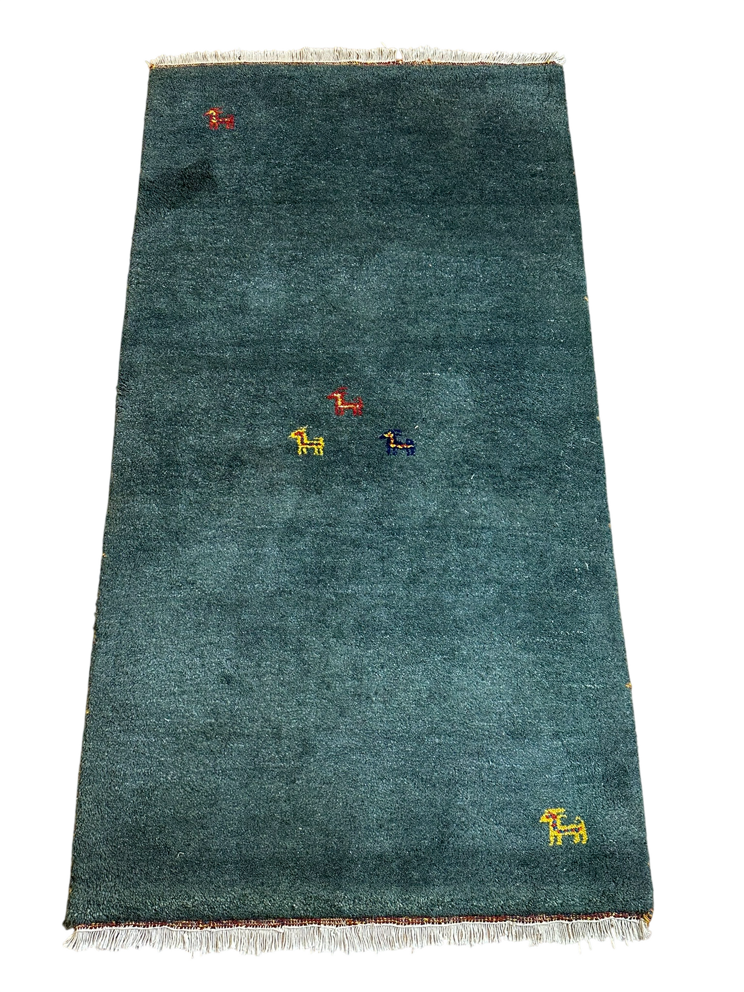 Indischer Gabbeh Teppich Handgeknüpft Dunkelgrün Tiermotive 163x87 cm