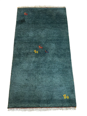 Indischer Gabbeh Teppich Handgeknüpft Dunkelgrün Tiermotive 163x87 cm