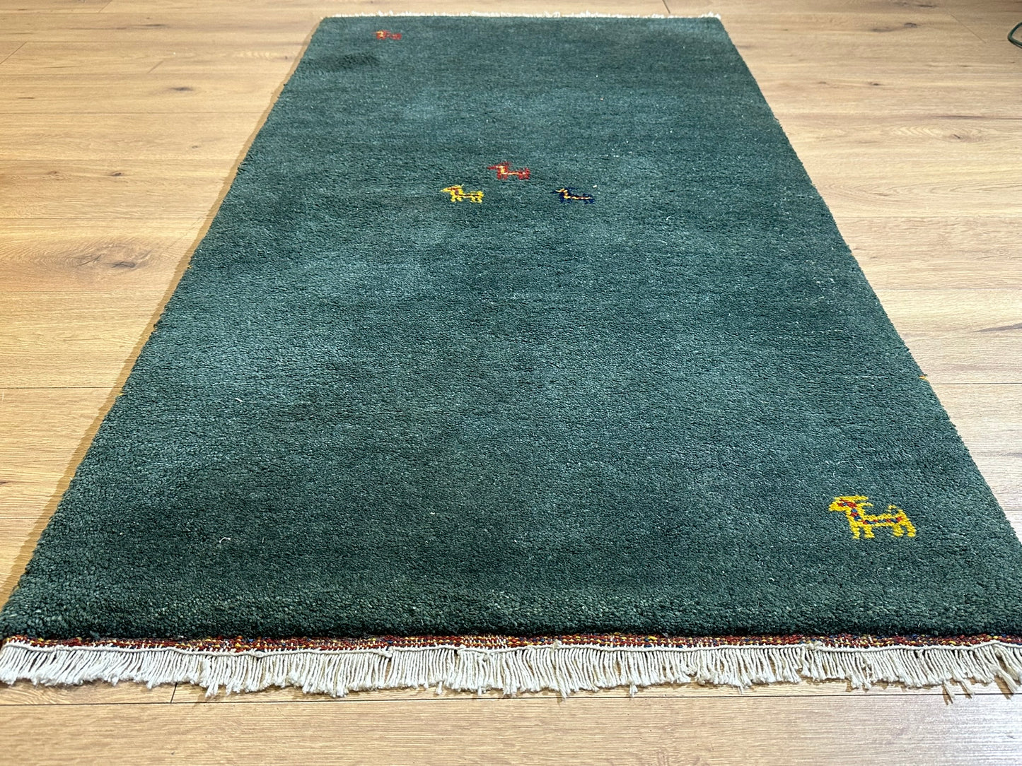 Indischer Gabbeh Teppich Handgeknüpft Dunkelgrün Tiermotive 163x87 cm