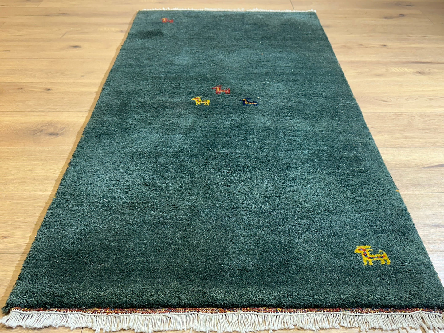 Indischer Gabbeh Teppich Handgeknüpft Dunkelgrün Tiermotive 163x87 cm