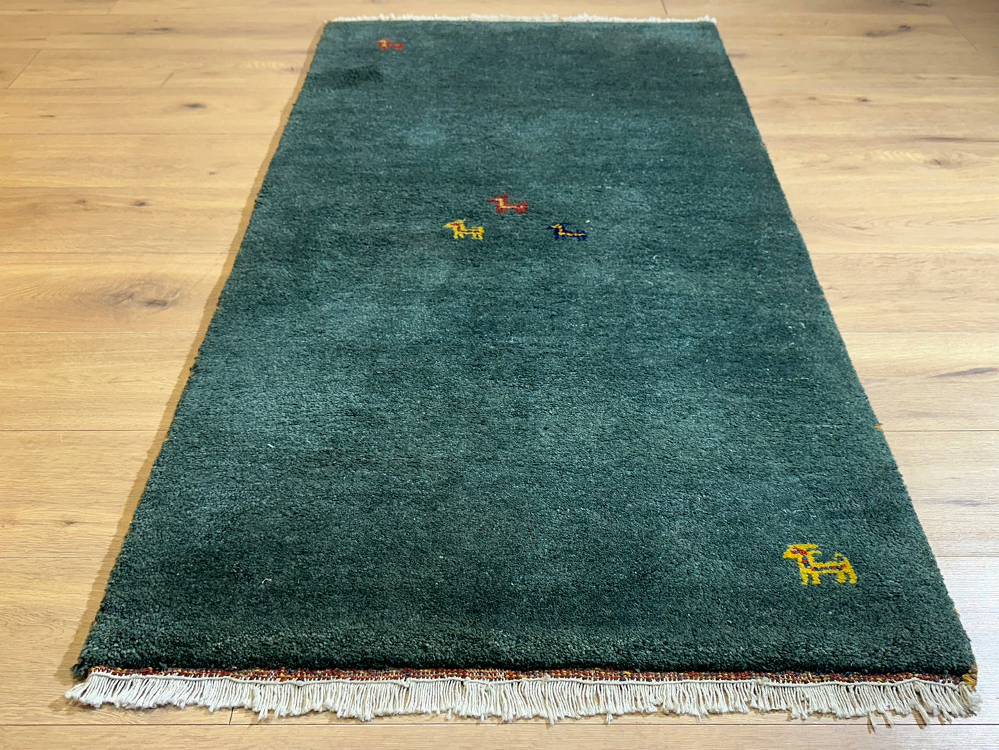 Indischer Gabbeh Teppich Handgeknüpft Dunkelgrün Tiermotive 163x87 cm