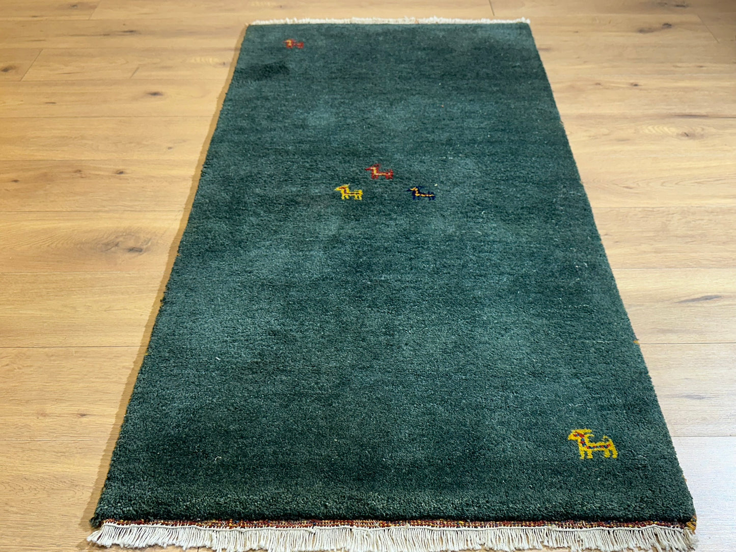 Indischer Gabbeh Teppich Handgeknüpft Dunkelgrün Tiermotive 163x87 cm