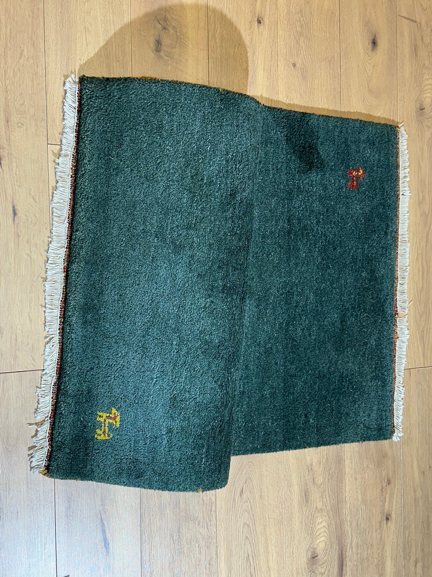Indischer Gabbeh Teppich Handgeknüpft Dunkelgrün Tiermotive 163x87 cm