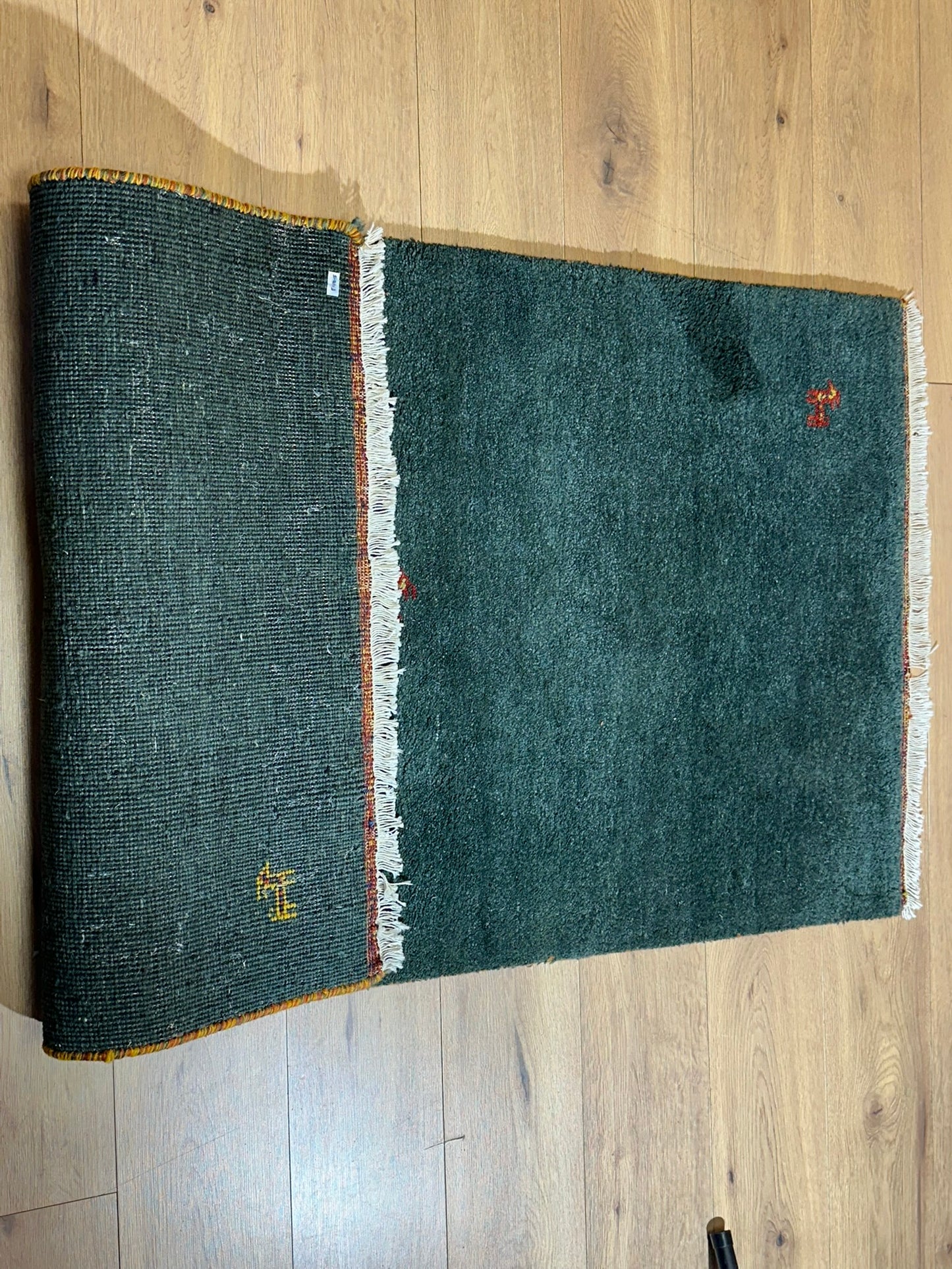 Indischer Gabbeh Teppich Handgeknüpft Dunkelgrün Tiermotive 163x87 cm