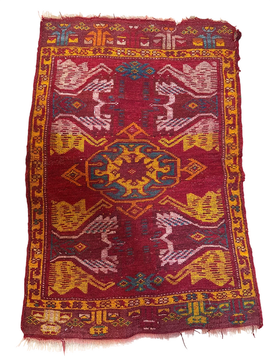 Antik Orientteppich handgeknüpft 84x55 cm  Uschak Muster naturfarben
