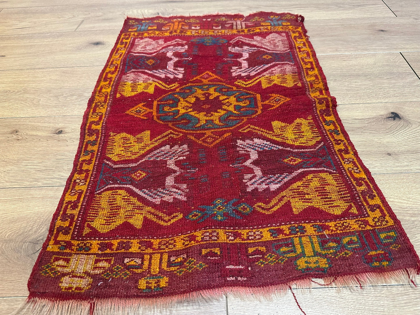 Antik Orientteppich handgeknüpft 84x55 cm  Uschak Muster naturfarben