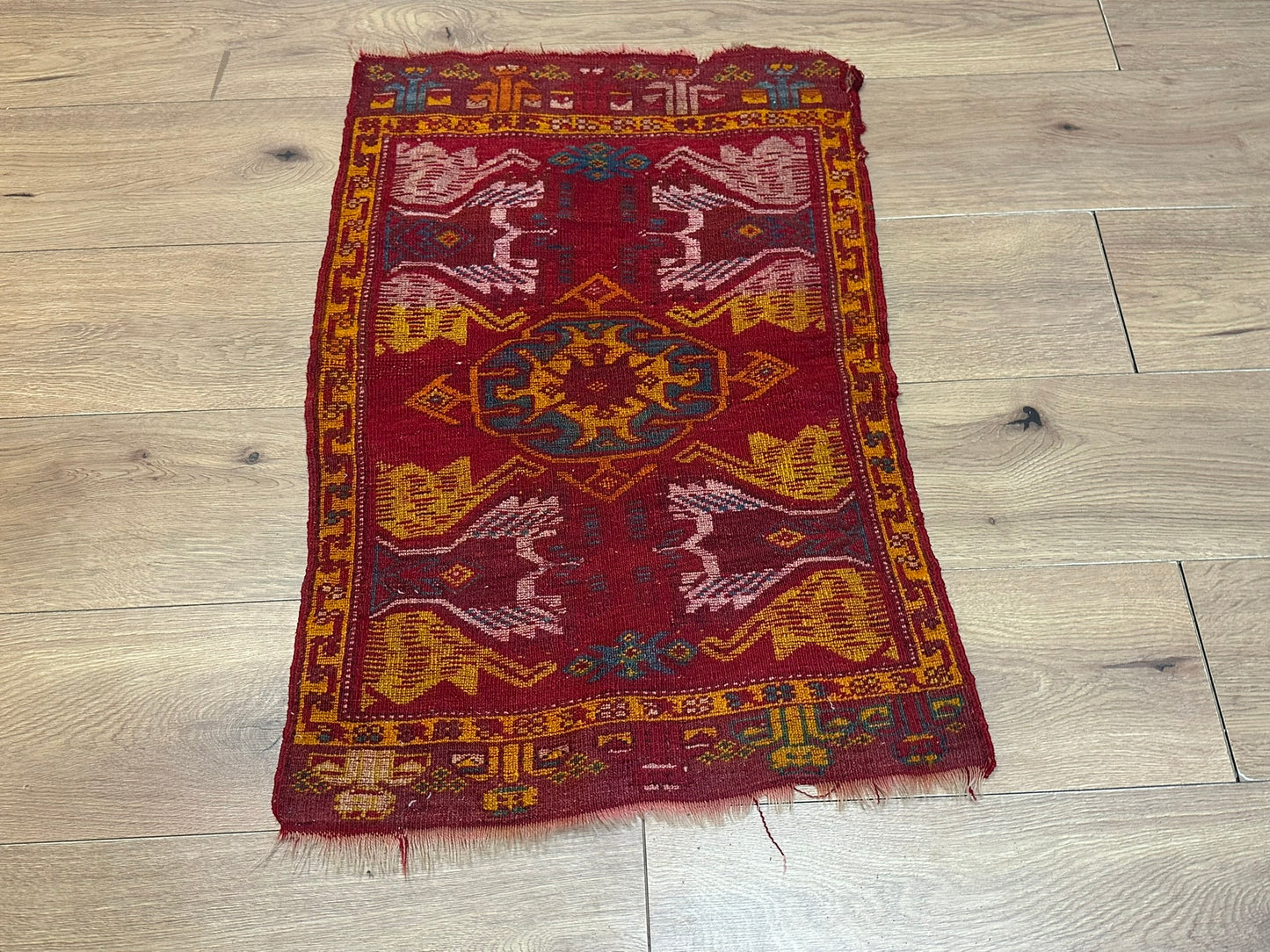 Antik Orientteppich handgeknüpft 84x55 cm  Uschak Muster naturfarben