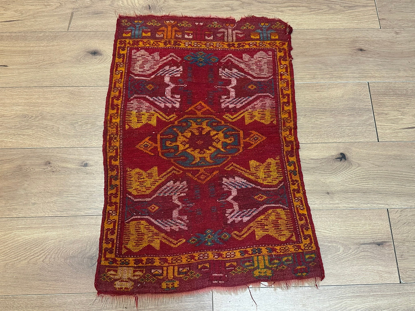 Antik Orientteppich handgeknüpft 84x55 cm  Uschak Muster naturfarben