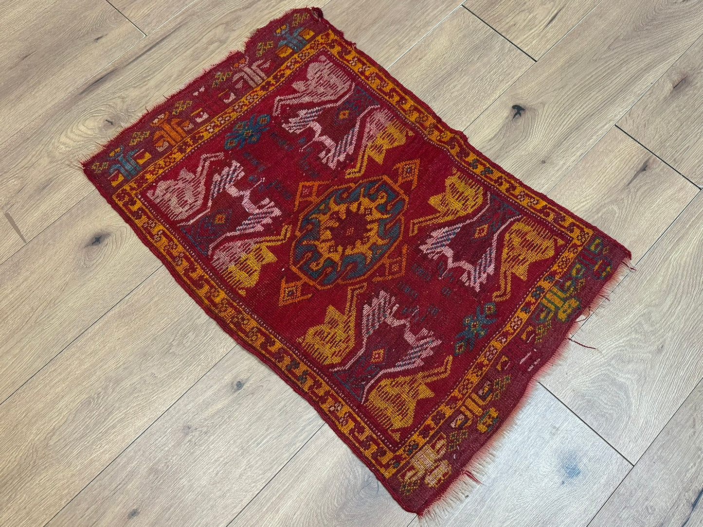 Antik Orientteppich handgeknüpft 84x55 cm  Uschak Muster naturfarben