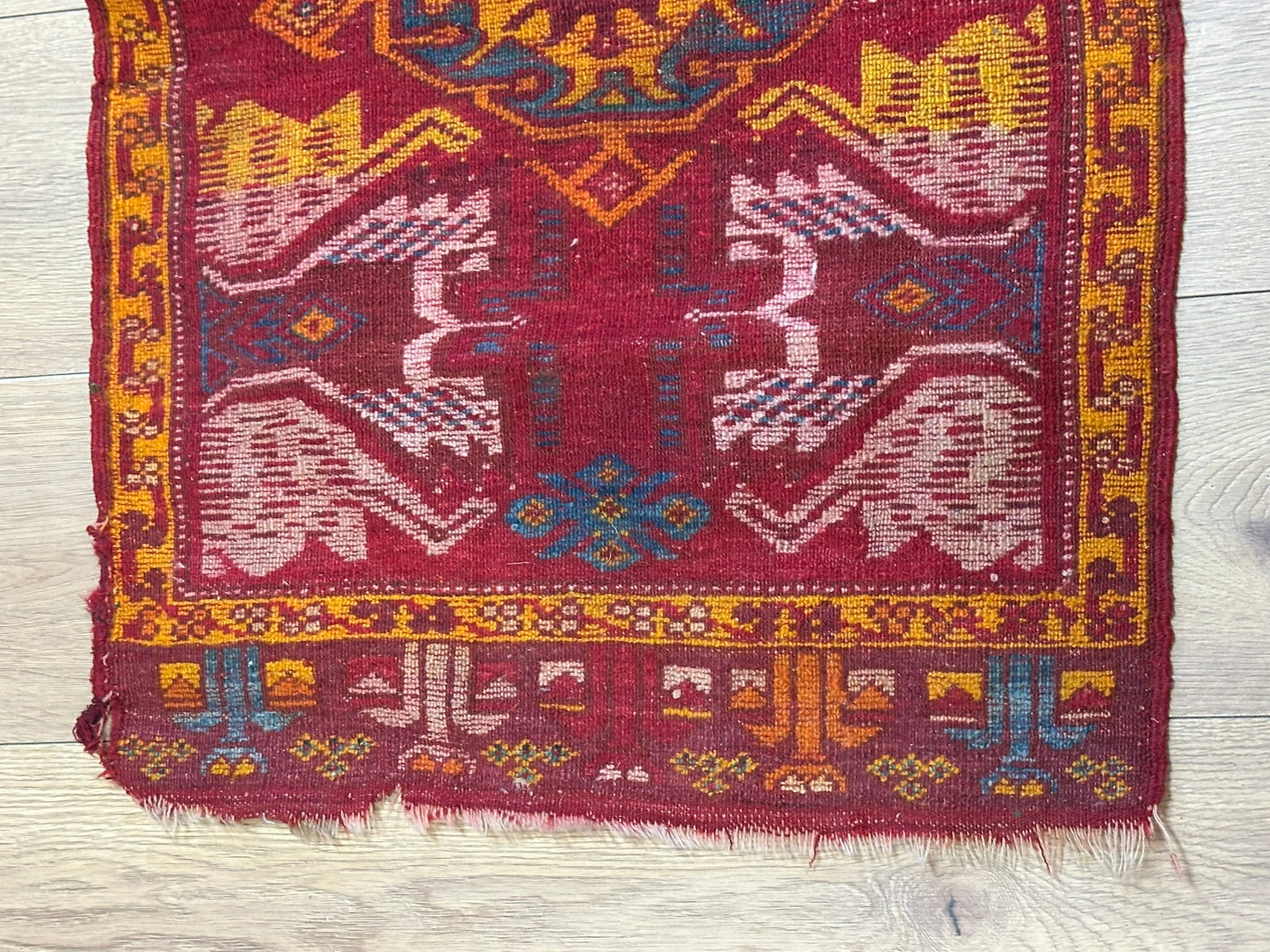 Antik Orientteppich handgeknüpft 84x55 cm  Uschak Muster naturfarben