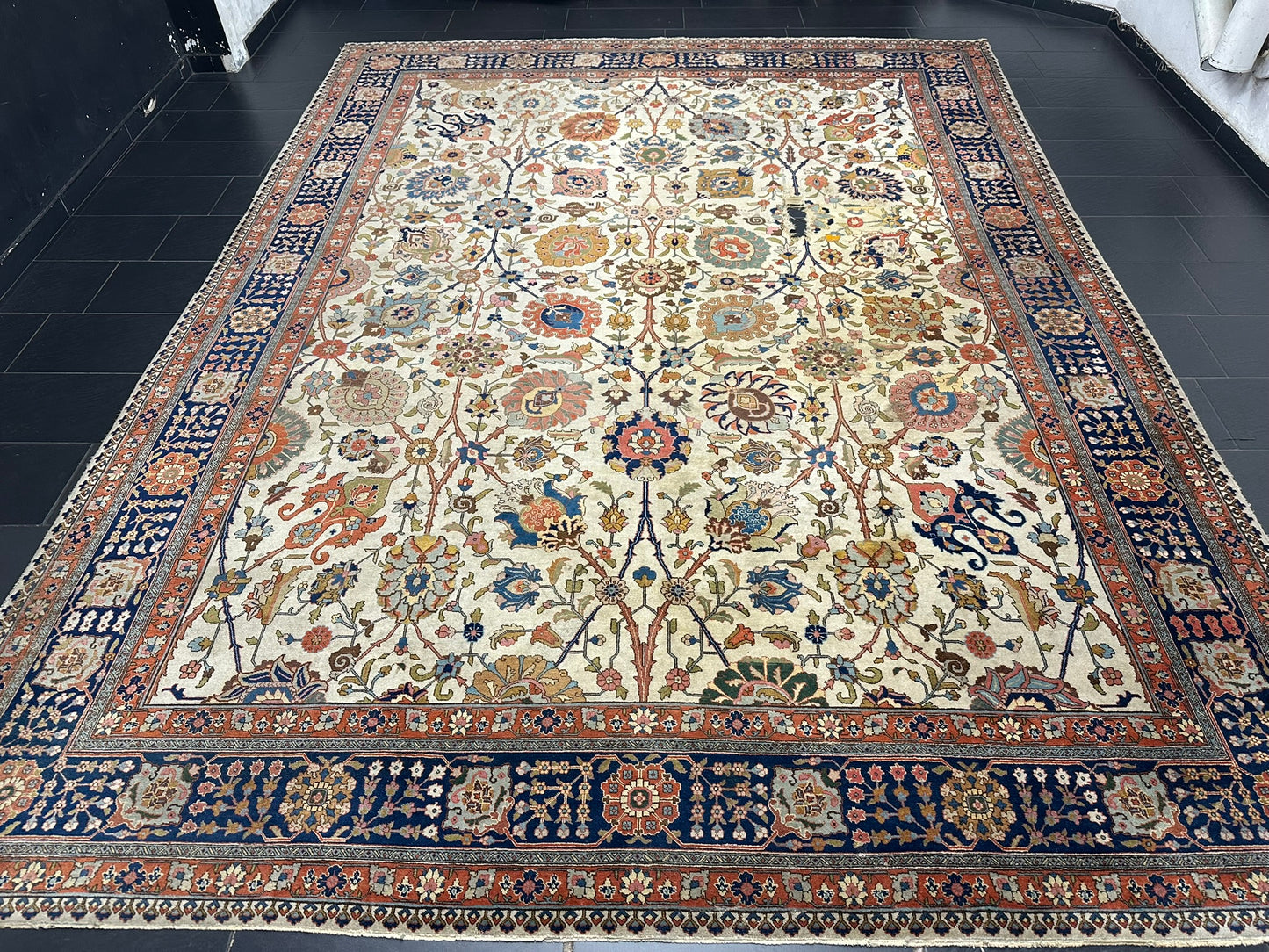 Antik Orientteppich handgeknüpft 420x310 cm Täbriz Jugendstil Naturfarben