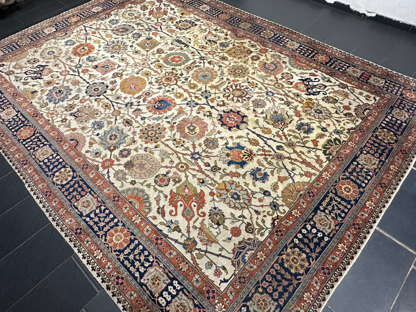 Antik Orientteppich handgeknüpft 420x310 cm Täbriz Jugendstil Naturfarben