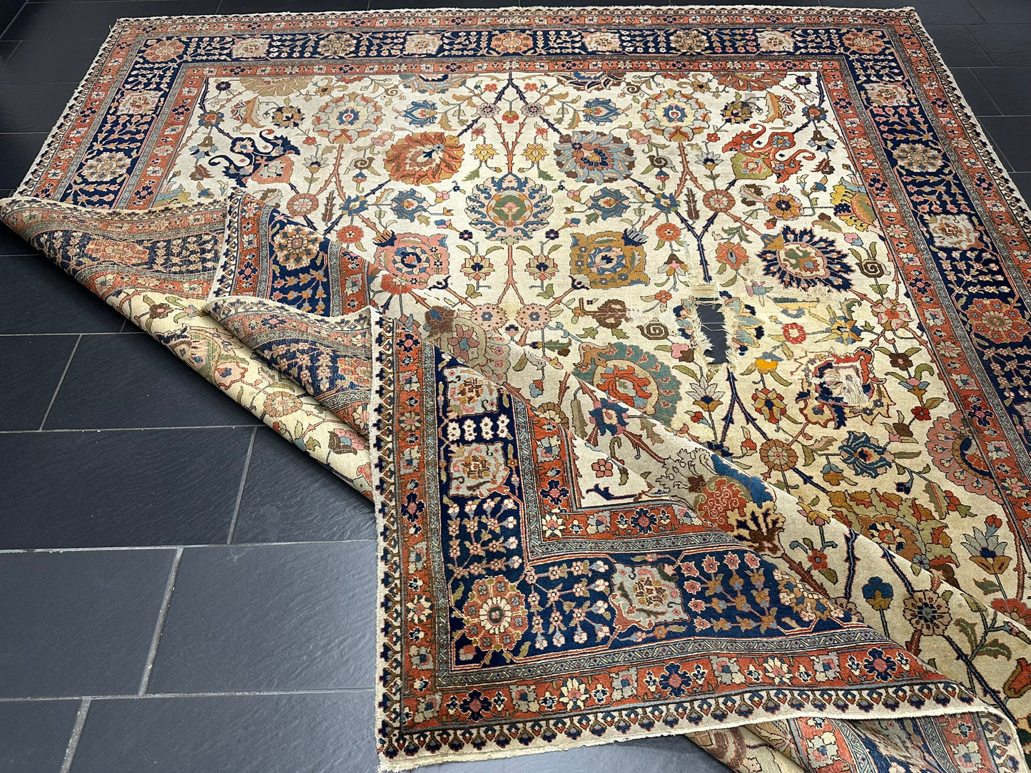 Antik Orientteppich handgeknüpft 420x310 cm Täbriz Jugendstil Naturfarben