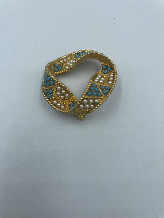Brosche Nadel Türkis und Perle vergoldet