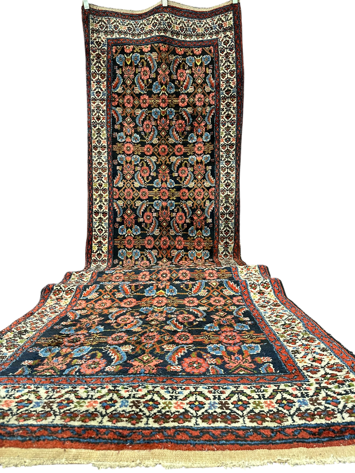 Antik Orientteppich handgeknüpft 390x103 cm Malayer Läufer naturfarben