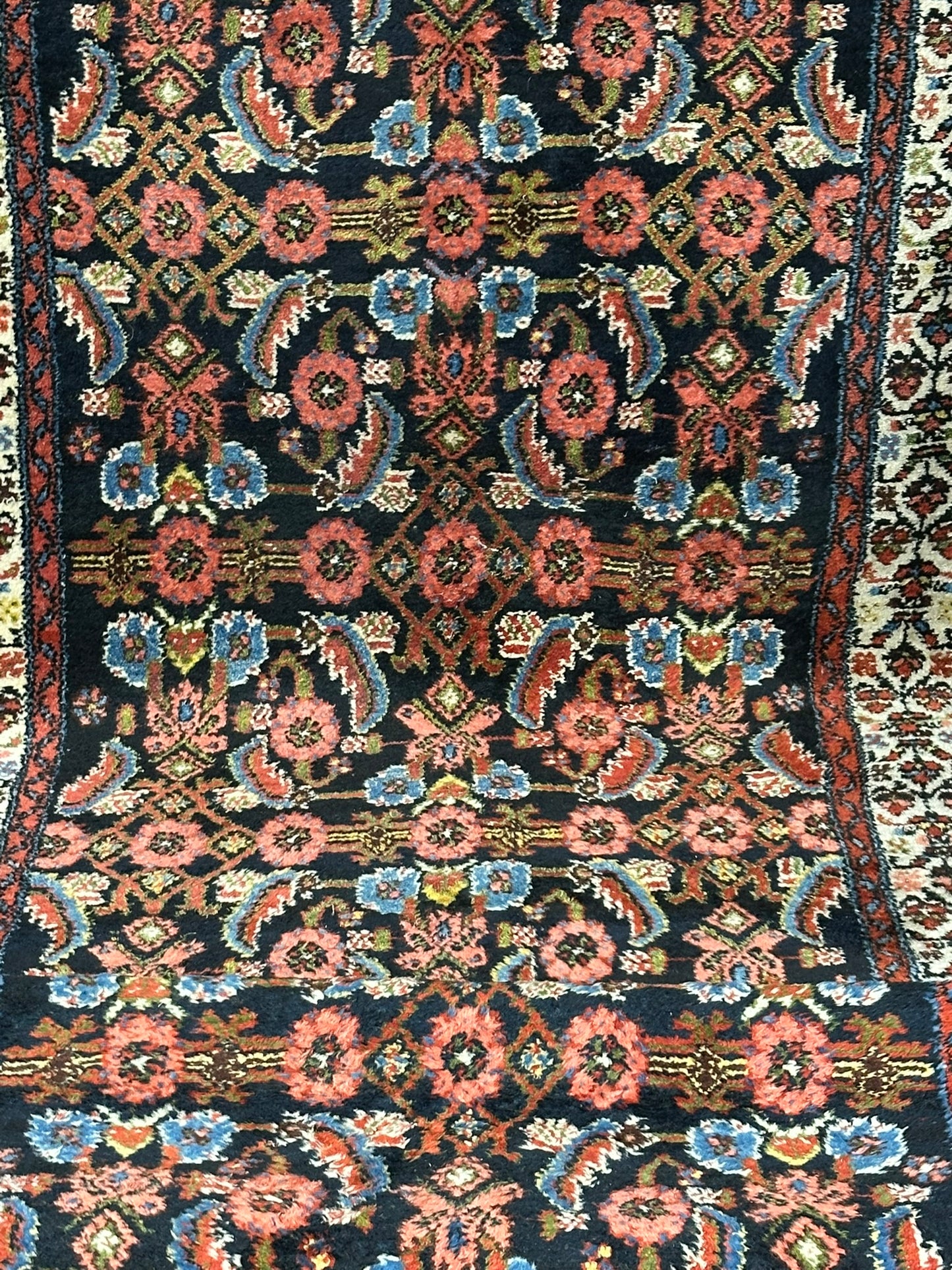 Antik Orientteppich handgeknüpft 390x103 cm Malayer Läufer naturfarben