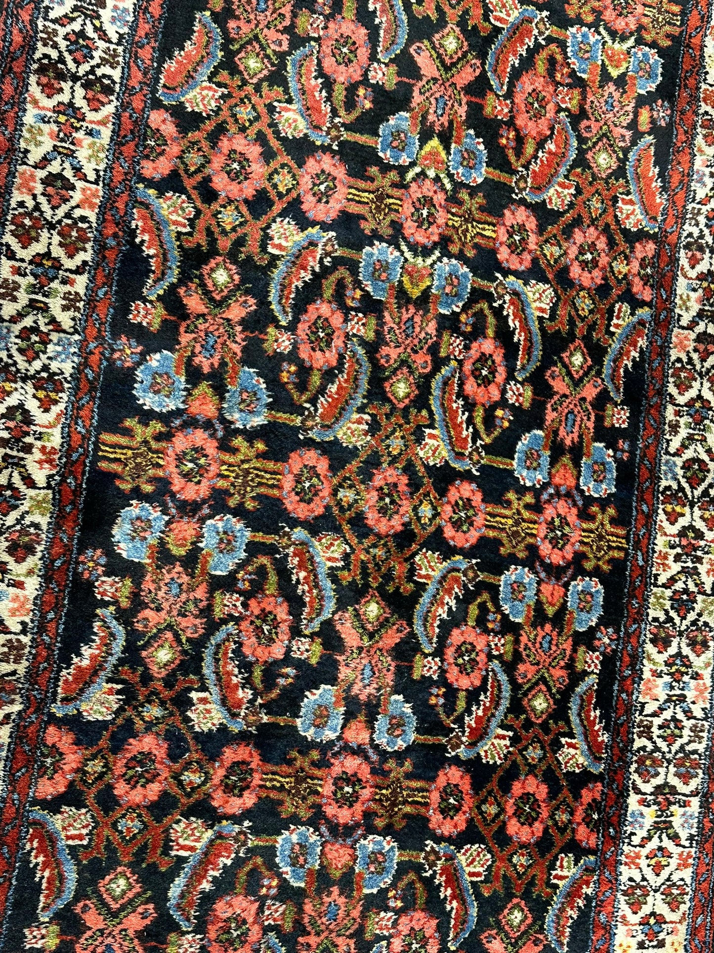 Antik Orientteppich handgeknüpft 390x103 cm Malayer Läufer naturfarben