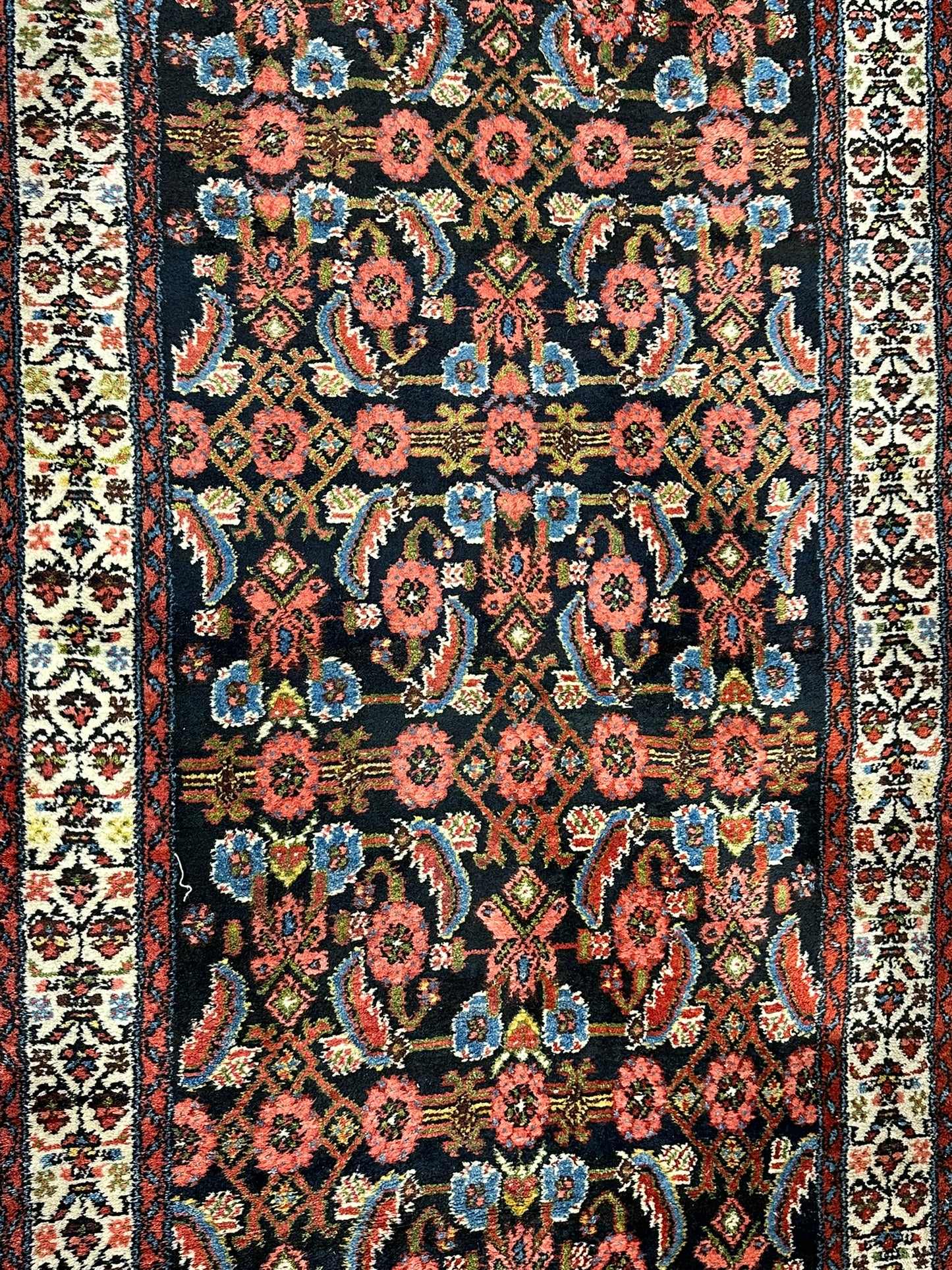 Antik Orientteppich handgeknüpft 390x103 cm Malayer Läufer naturfarben