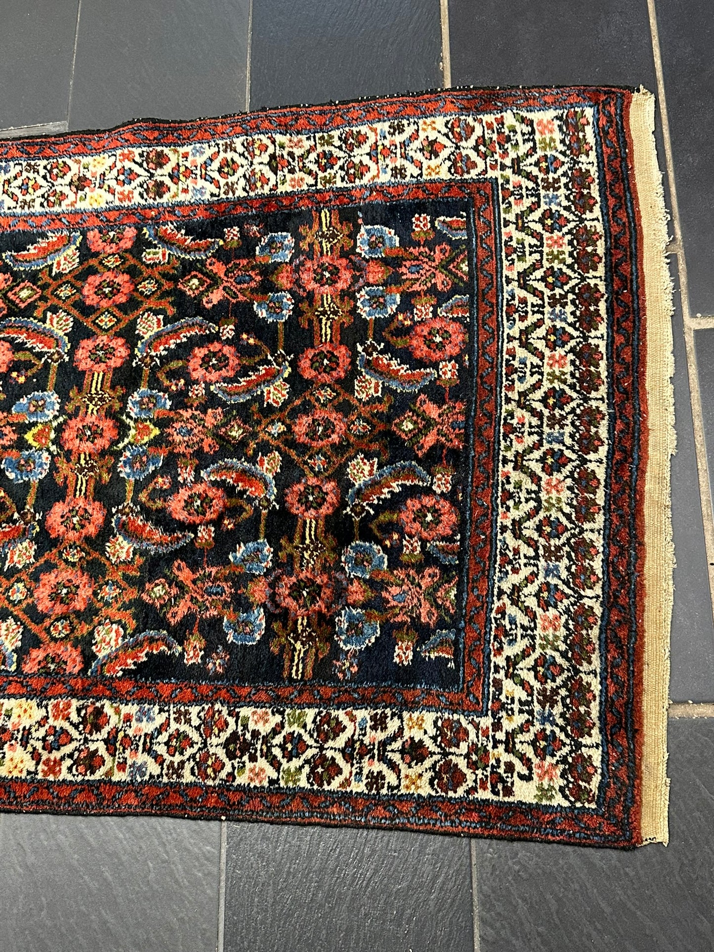 Antik Orientteppich handgeknüpft 390x103 cm Malayer Läufer naturfarben