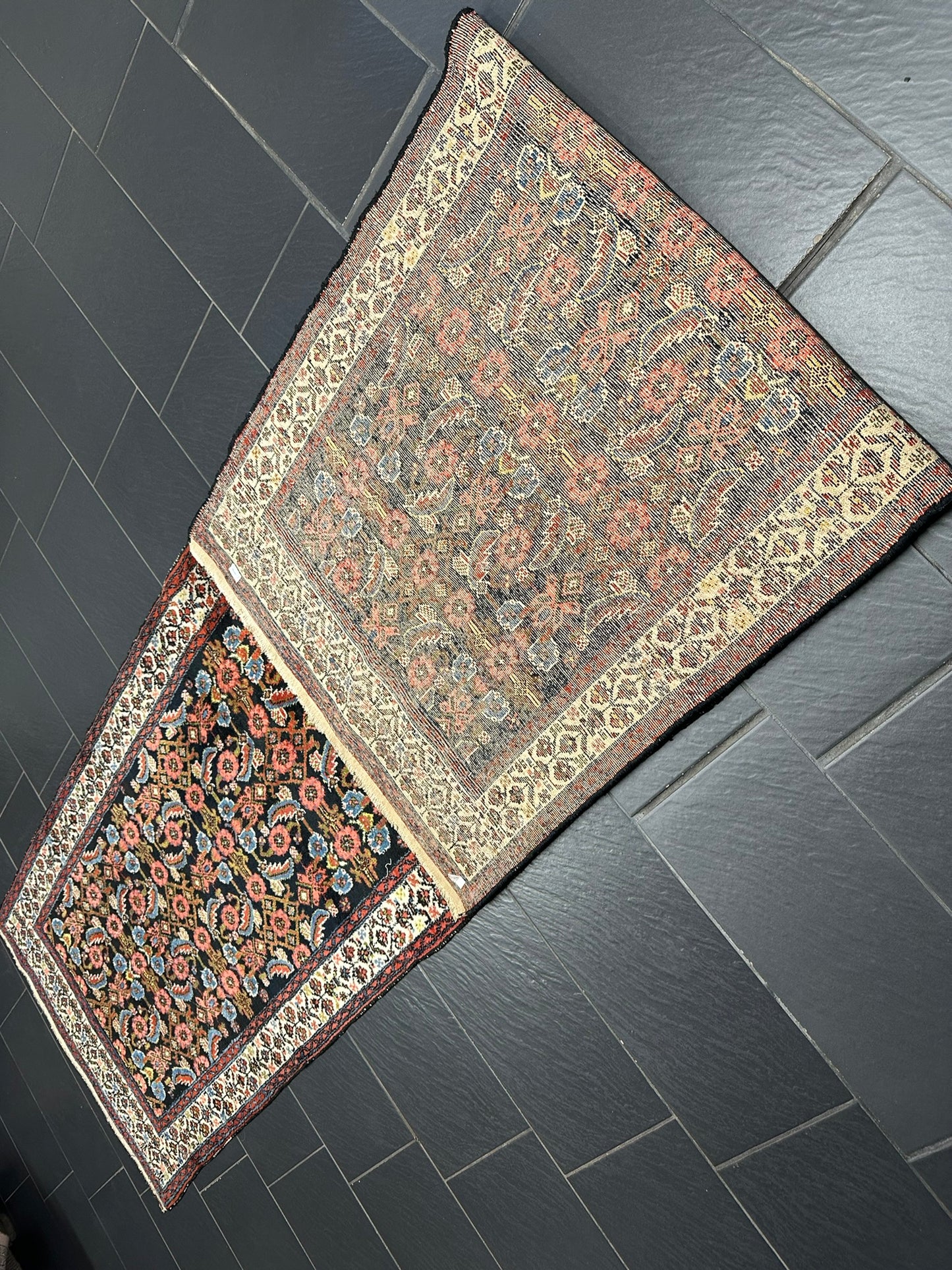 Antik Orientteppich handgeknüpft 390x103 cm Malayer Läufer naturfarben