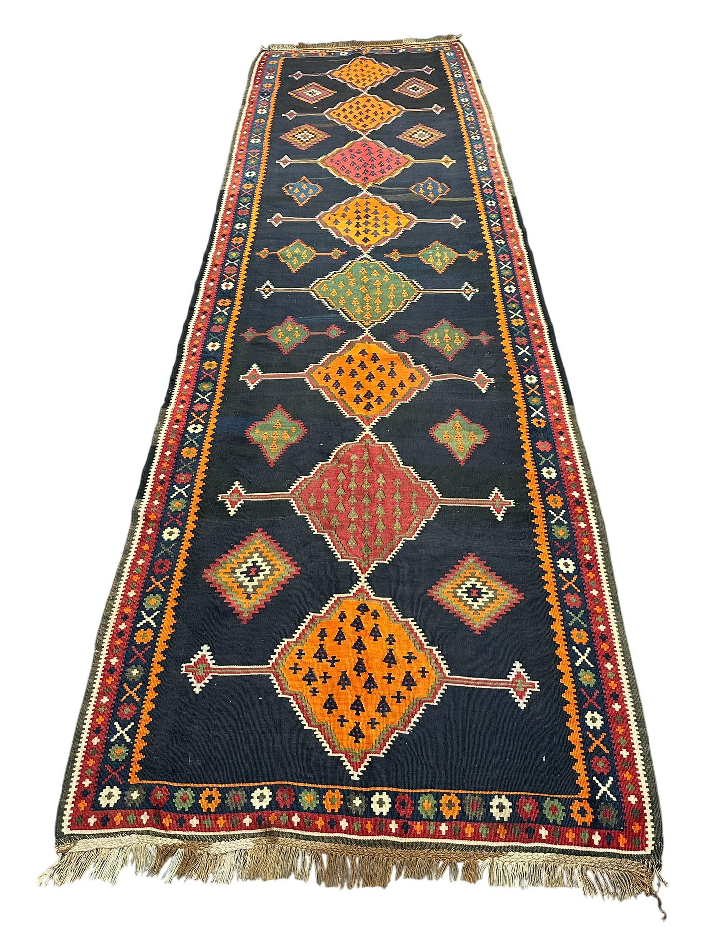 Antik Orientteppich handgeknüpft 440x140 cm Senneh Kelim Naturfarben