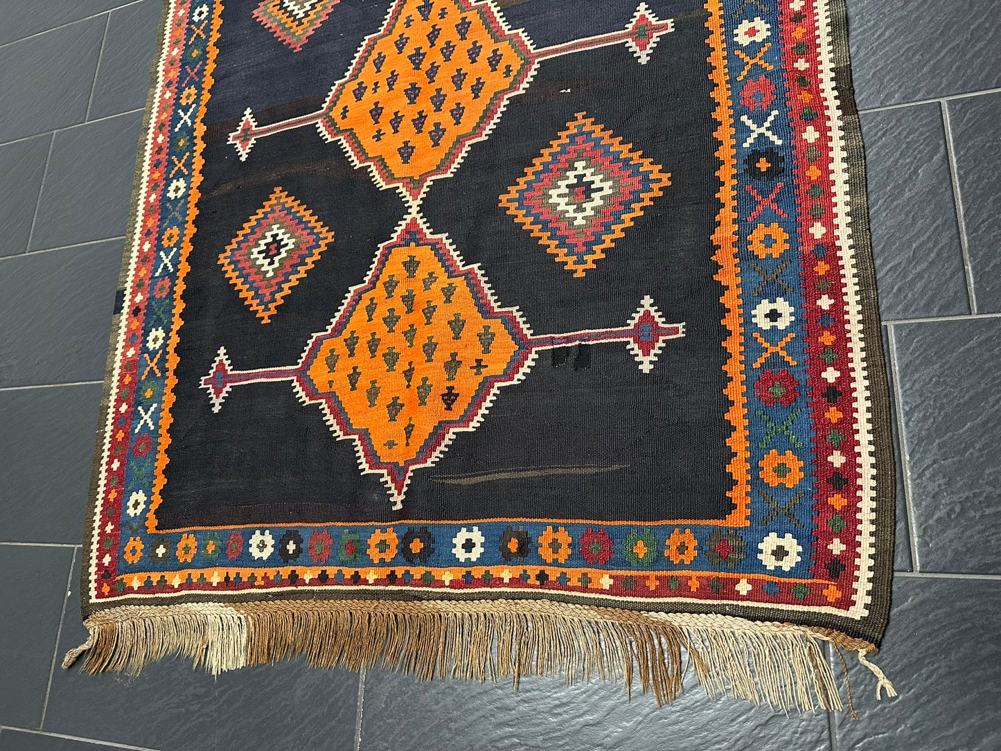 Antik Orientteppich handgeknüpft 440x140 cm Senneh Kelim Naturfarben