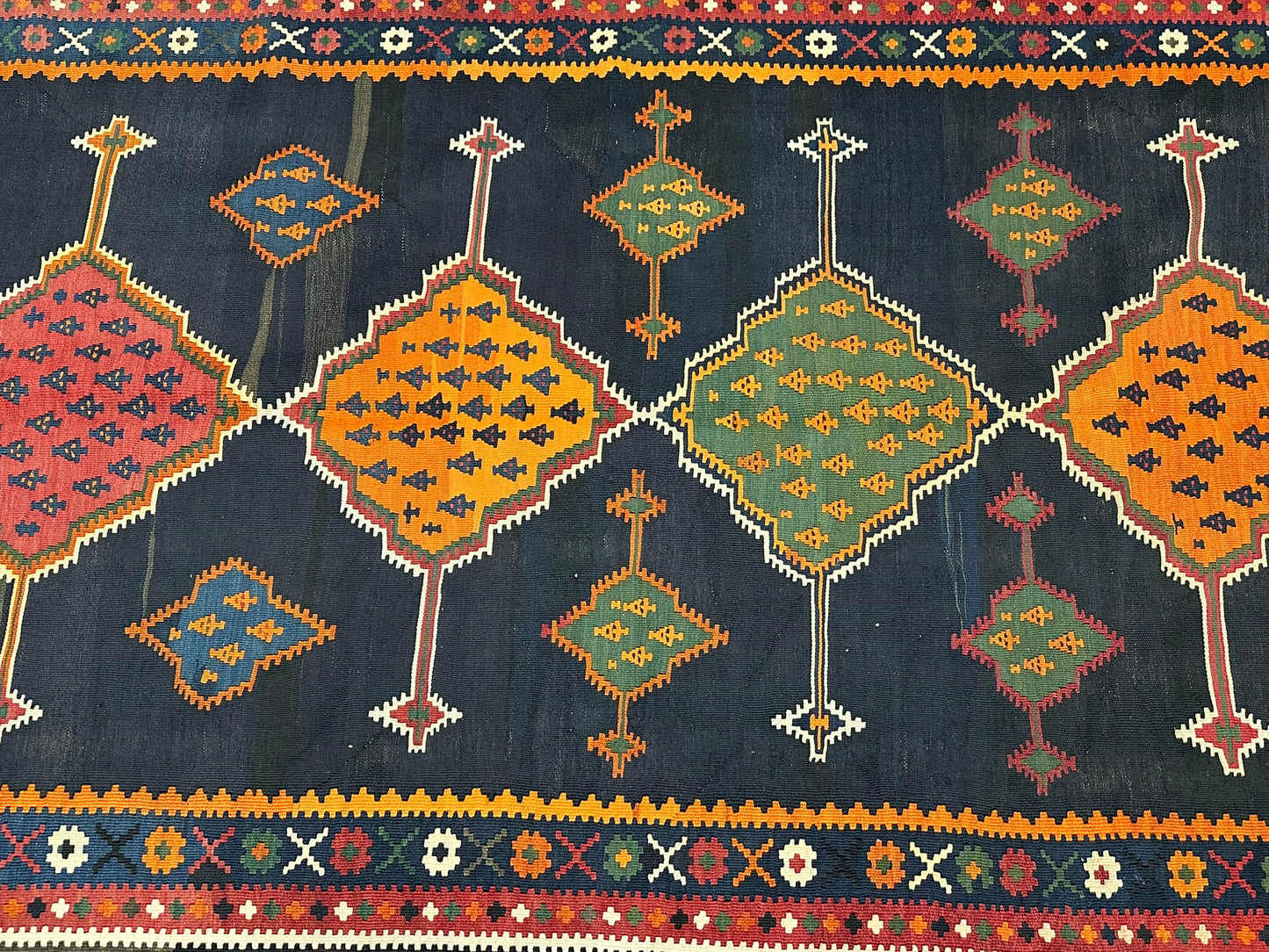 Antik Orientteppich handgeknüpft 440x140 cm Senneh Kelim Naturfarben