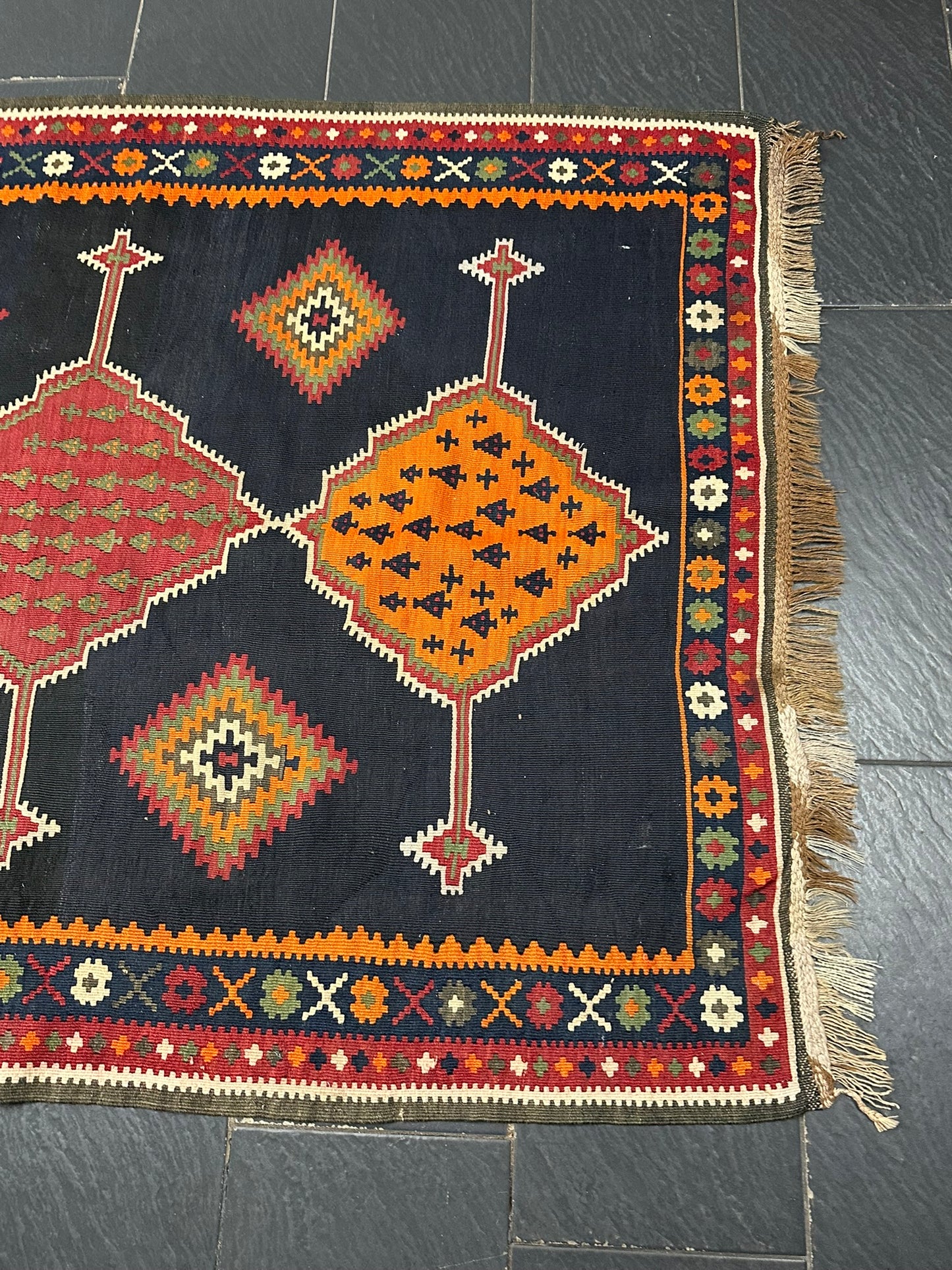 Antik Orientteppich handgeknüpft 440x140 cm Senneh Kelim Naturfarben
