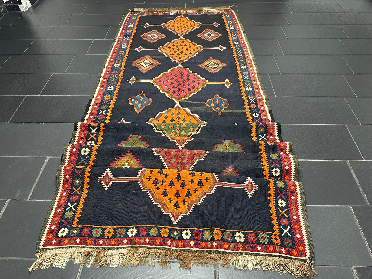 Antik Orientteppich handgeknüpft 440x140 cm Senneh Kelim Naturfarben