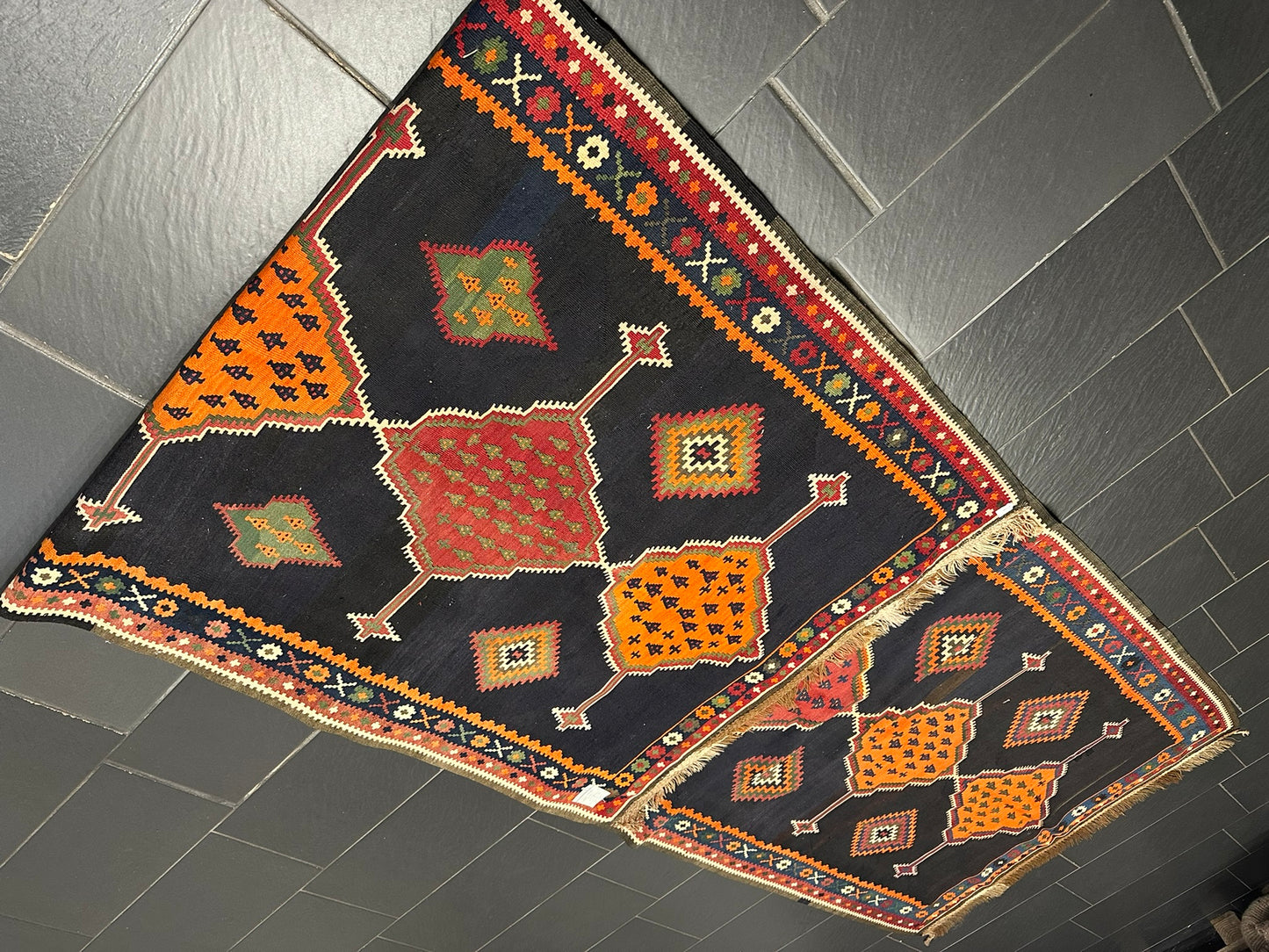Antik Orientteppich handgeknüpft 440x140 cm Senneh Kelim Naturfarben
