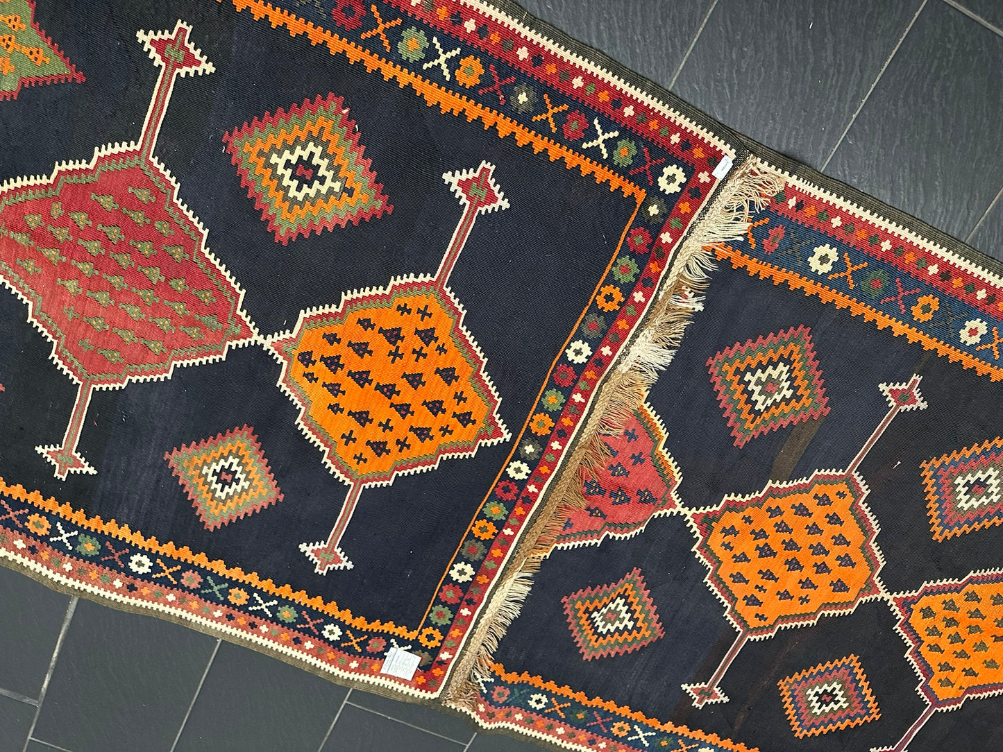 Antik Orientteppich handgeknüpft 440x140 cm Senneh Kelim Naturfarben
