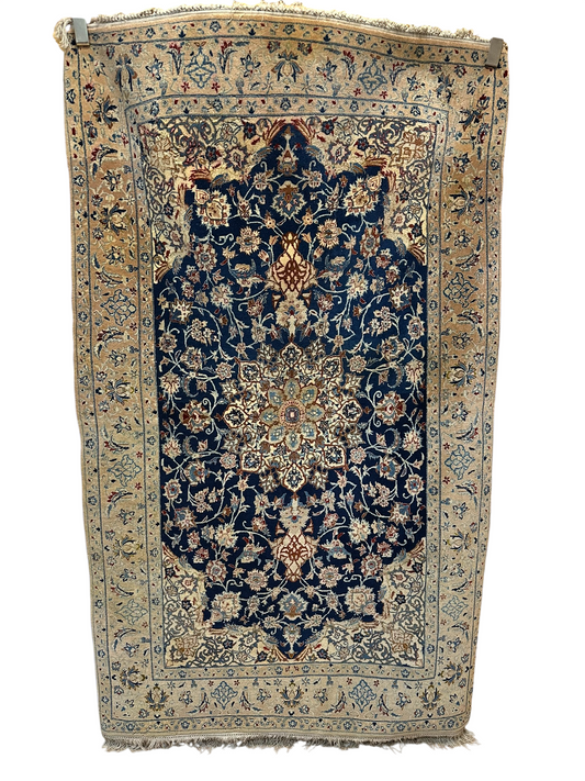 Antik Orientteppich handgeknüpft Nain 6LA mit Seide naturfarben 190x112 cm
