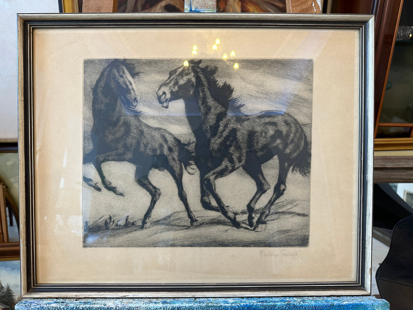 Philipp FRANCK (1860-1944) Original Radierung Spielende Pferde 40x50cm