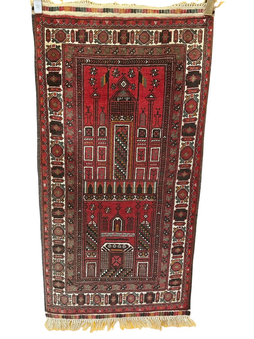 Antik Orientteppich handgeknüpft Jomut Gebetsteppich naturfarben 145x76 cm
