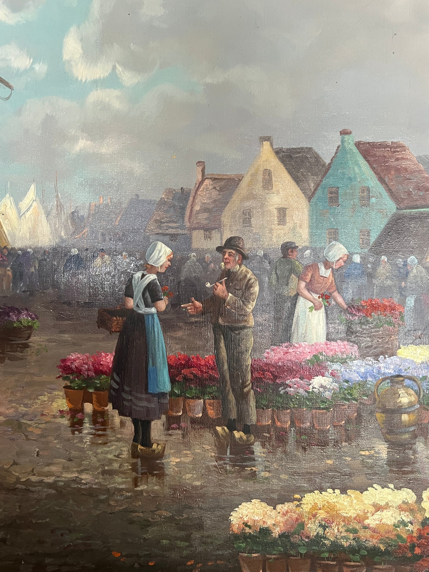 A. Gregon (XX) Großes Ölgemälde Holländischer Blumenmarkt 85x120cm