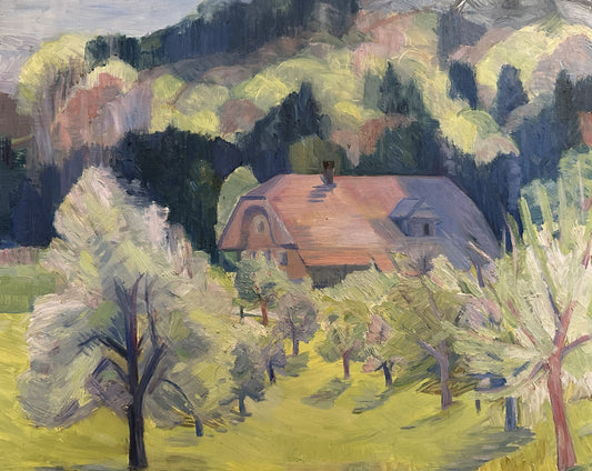 Deutsche Schule (XX) Ölgemälde Expressionistischer Landschaftsblick mit Herberge