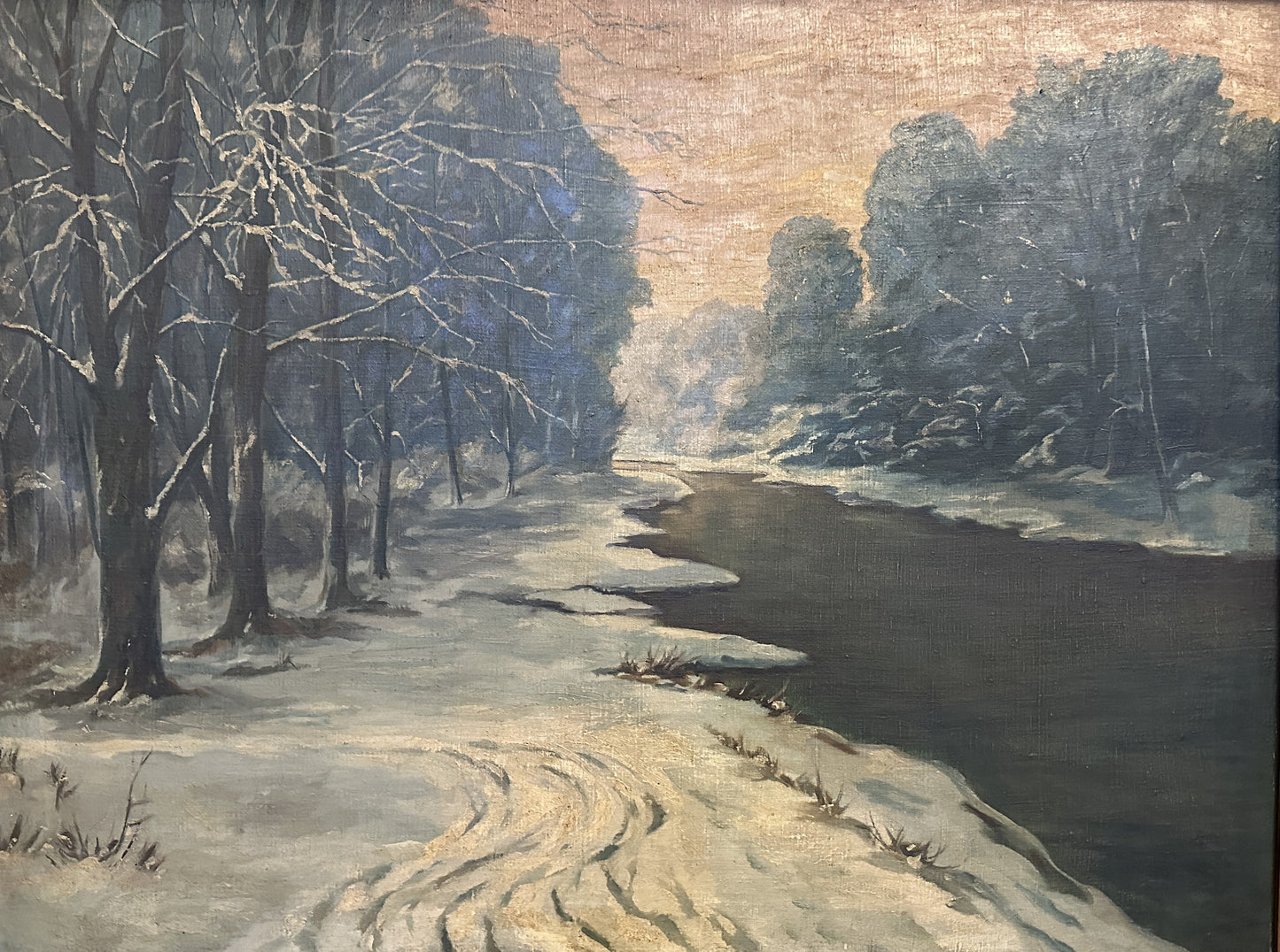 Deutsche Schule (XX) Großes Ölgemälde Stimmungsvolle Winterlandschaft