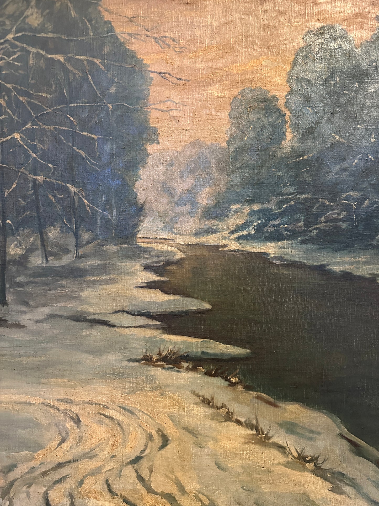 Deutsche Schule (XX) Großes Ölgemälde Stimmungsvolle Winterlandschaft