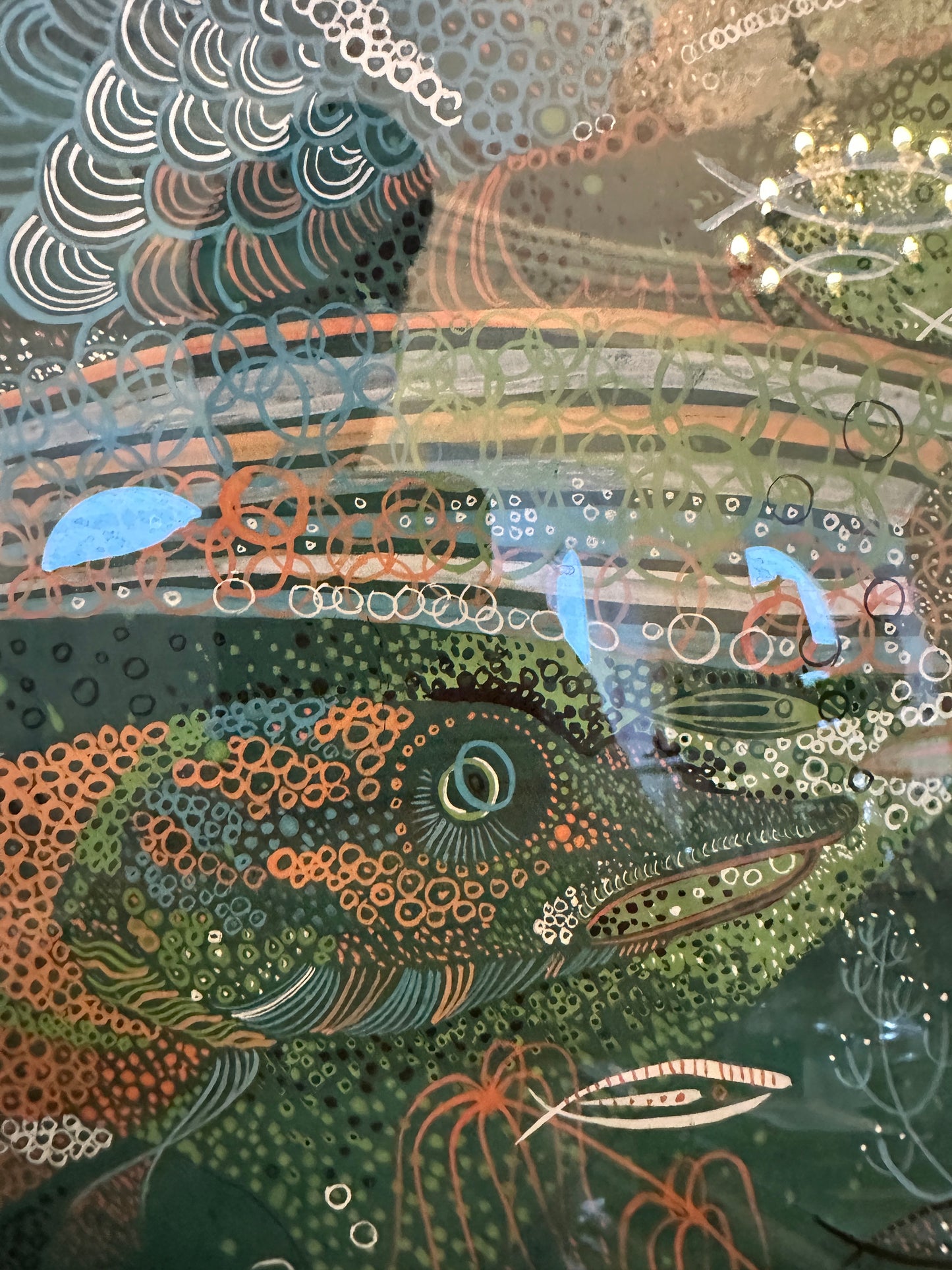 Moderne Grafik (XX) hinter Mueseumsglas Unterwasserwelt mit Fischen