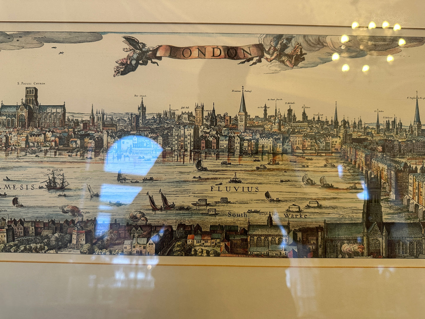 L. Hondius, Alte Grafik hinter Mueseumsglas Stadtansicht London 35x66cm