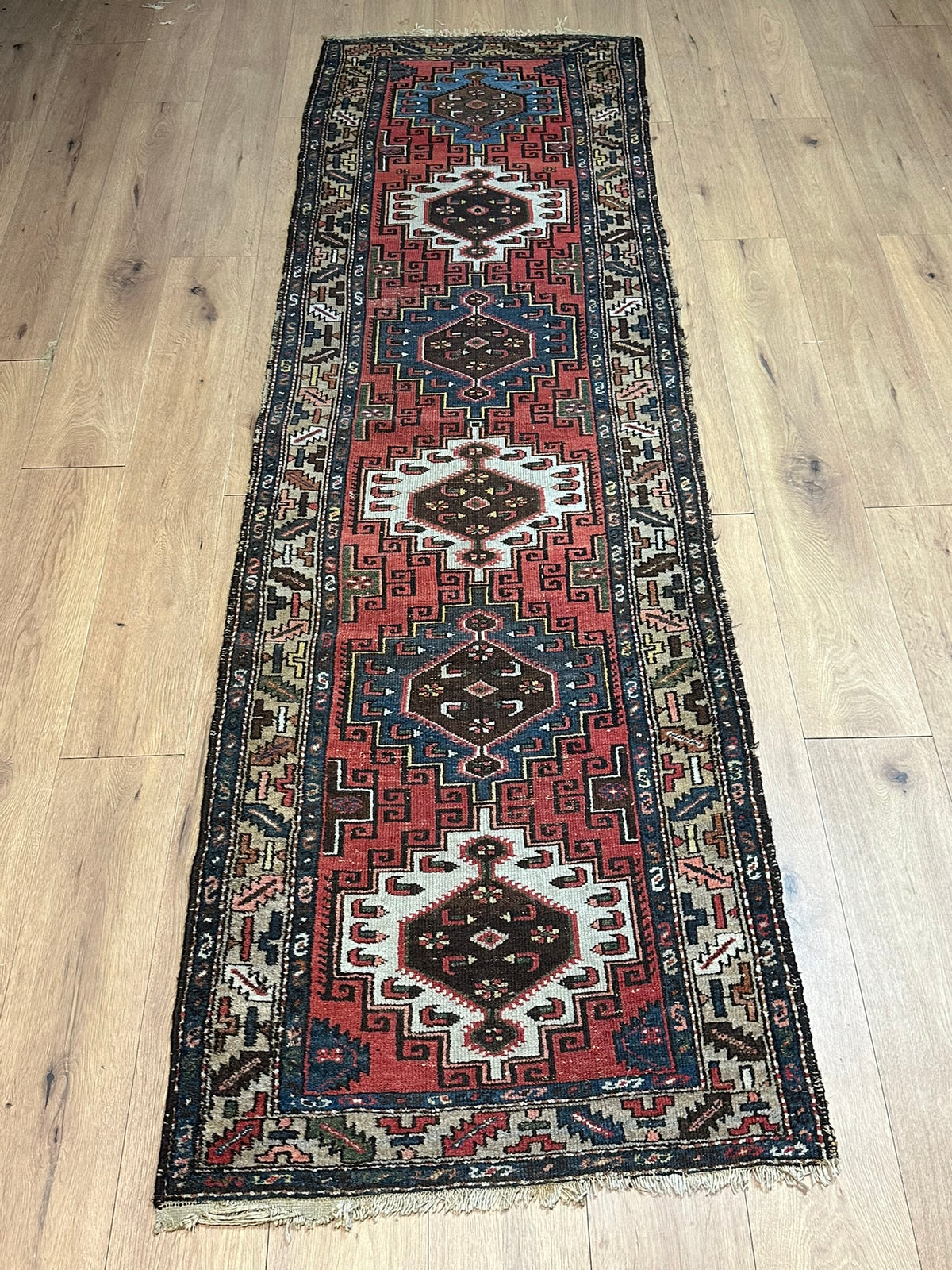 Antiker  Orientteppich handgeknüpft Kazak Läufer selten 290x84 cm