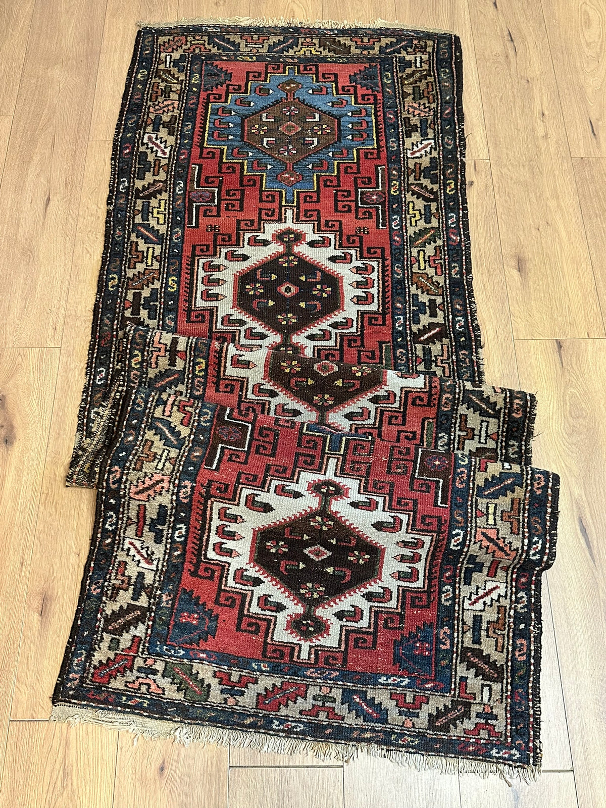 Antiker  Orientteppich handgeknüpft Kazak Läufer selten 290x84 cm